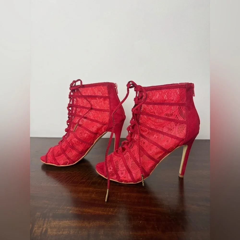 JustFab Red Lace Up Stiletto Heels, US Size 8.5
